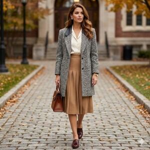 Concept‎ Wool Coat Womens S Gray Tweed Leather Collar Preppy Old Money Academia